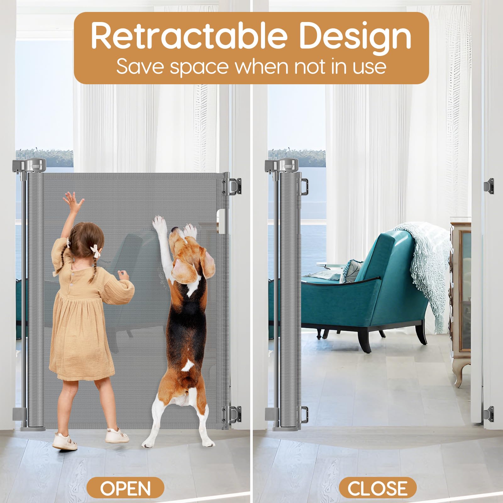 Bingguz retractable gate folded, saving space in a small living area.