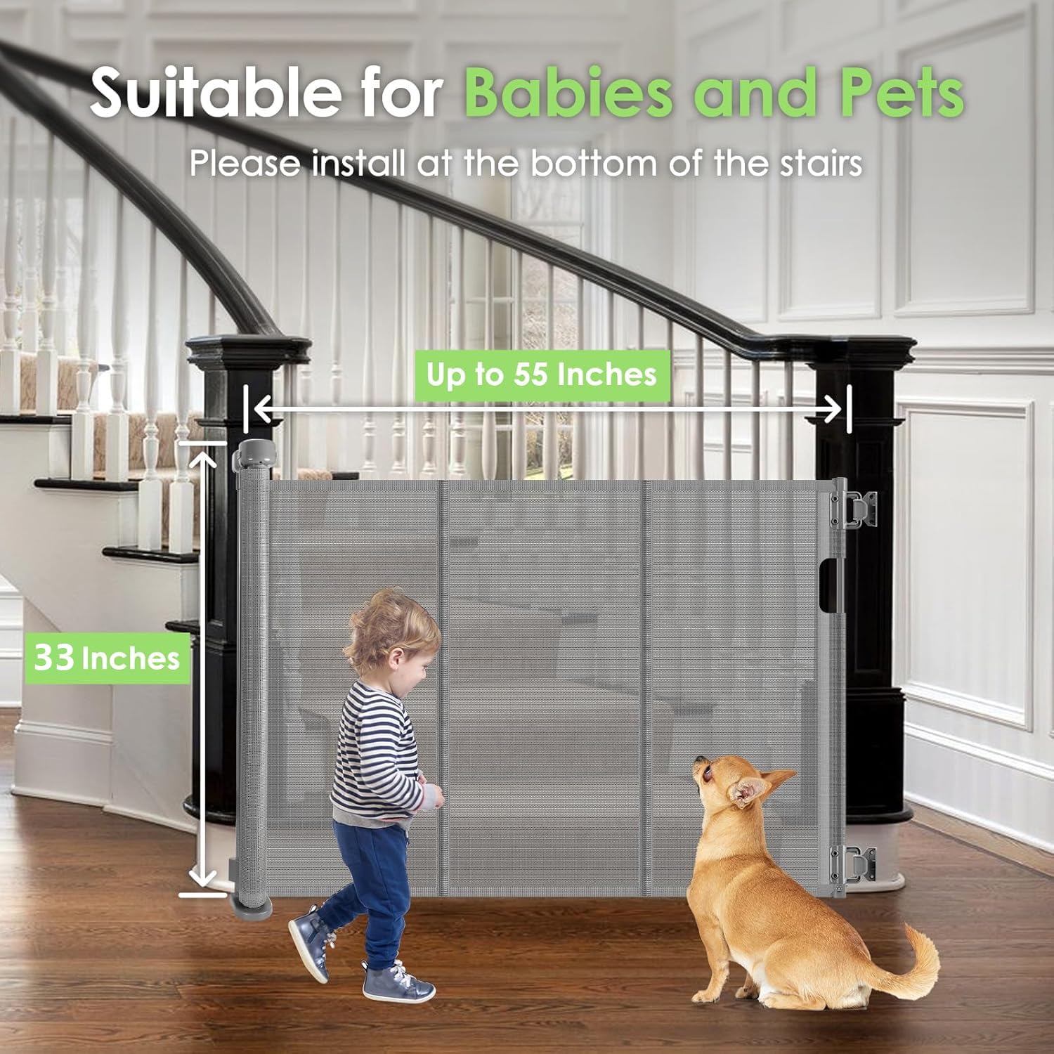 Bingguz stair gate mesh without bottom bars reduces tripping hazards while containing pets.