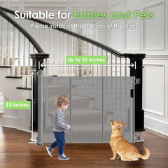 Bingguz stair gate mesh without bottom bars reduces tripping hazards while containing pets.