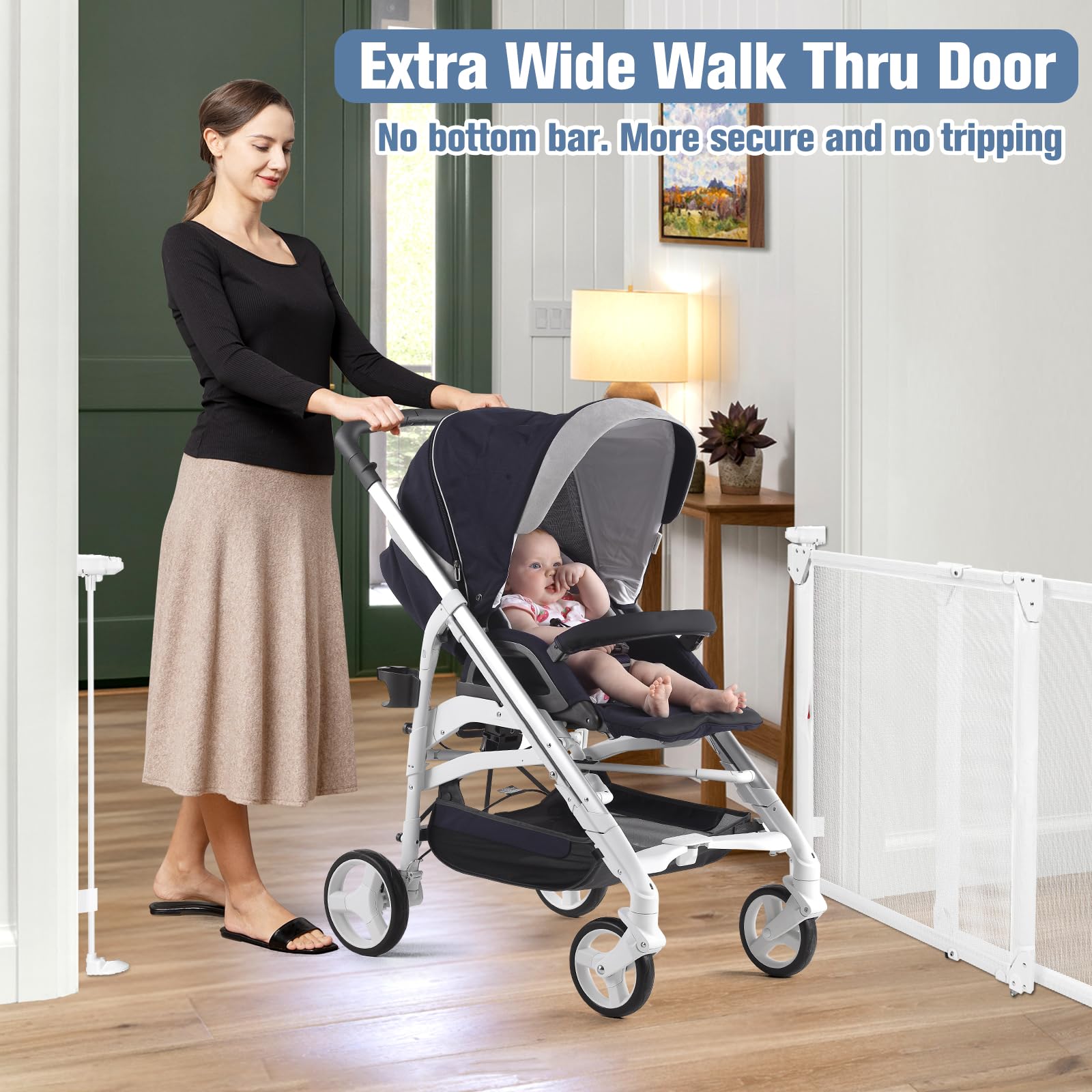 Bingguz Walk-Thru Door Baby Gate features easy one-handed use through a large opening.