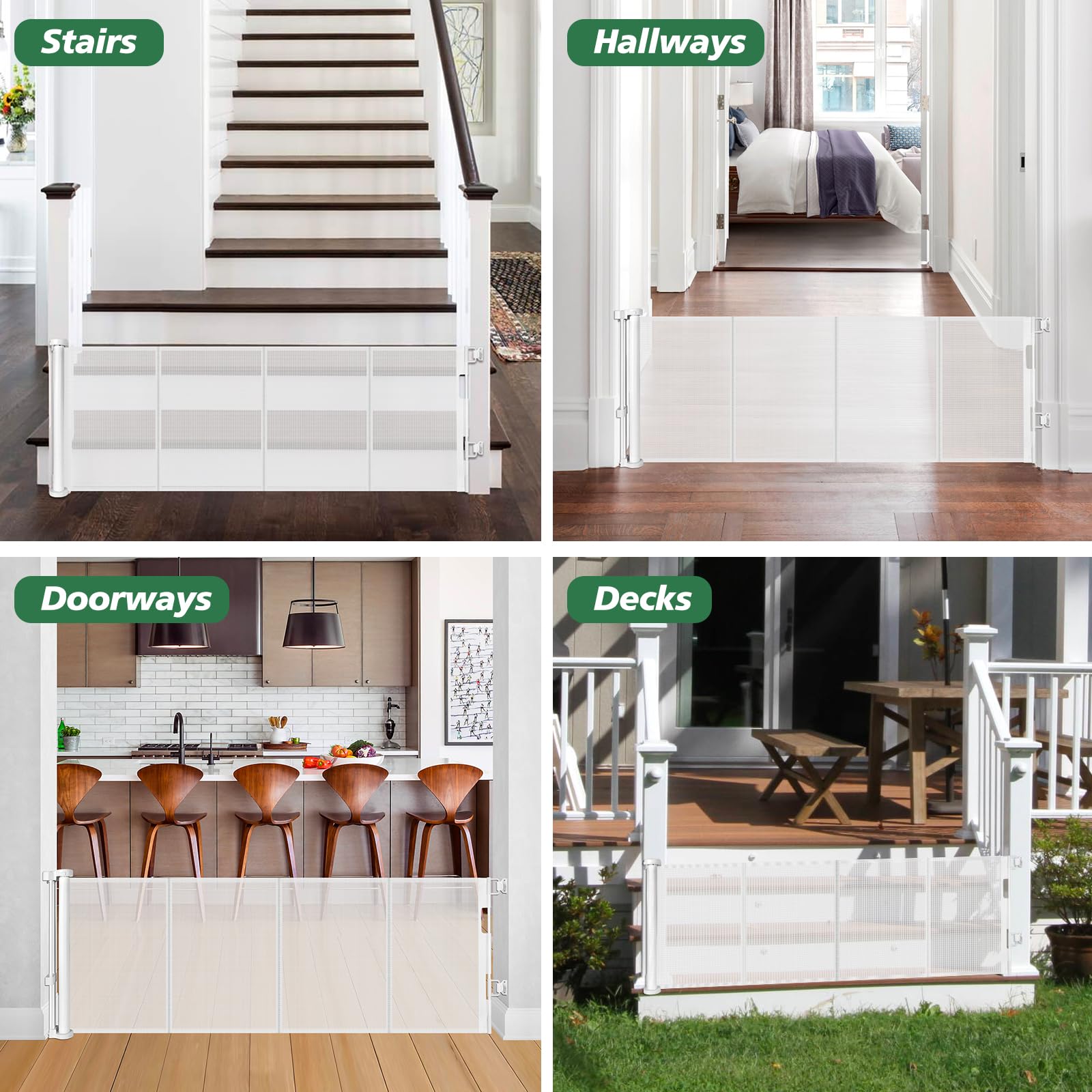 Bingguz white retractable gate blends with home décor and doors.