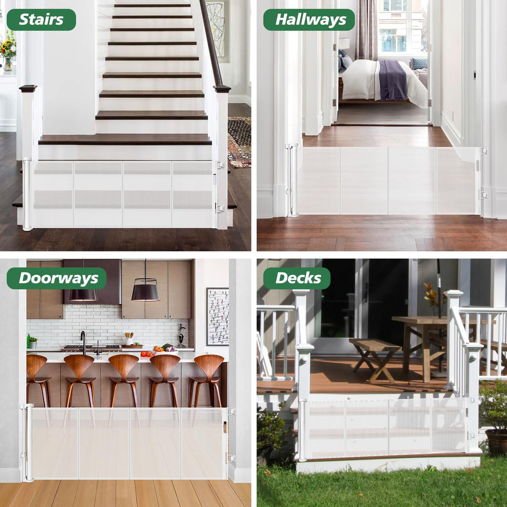 Bingguz white retractable gate blends with home décor and doors.