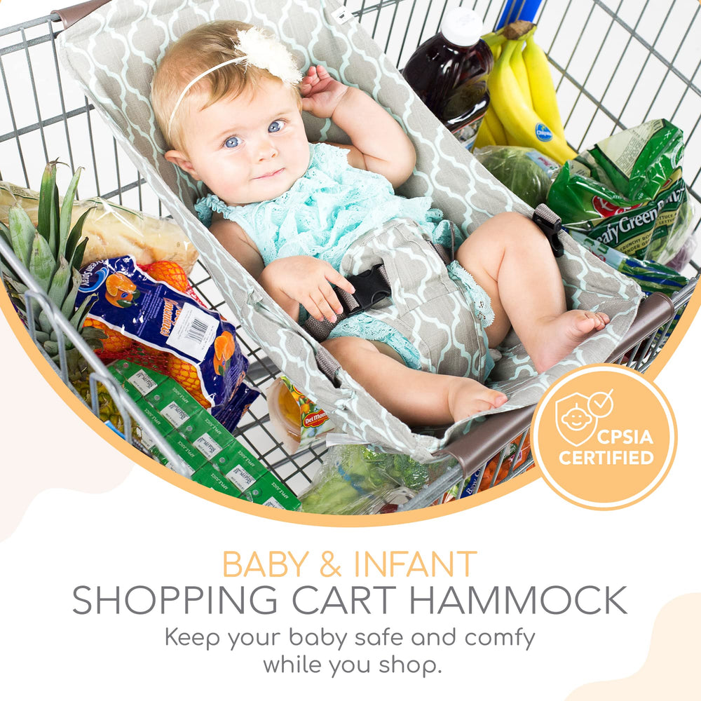 Binxy Baby cart hammock in use shows hands-free shopping for busy parents.