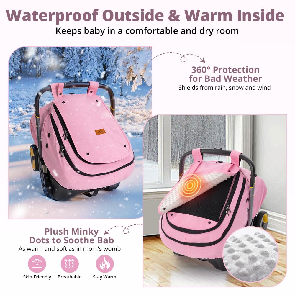 Bioby pink cover shows large zipper opening for quick baby access