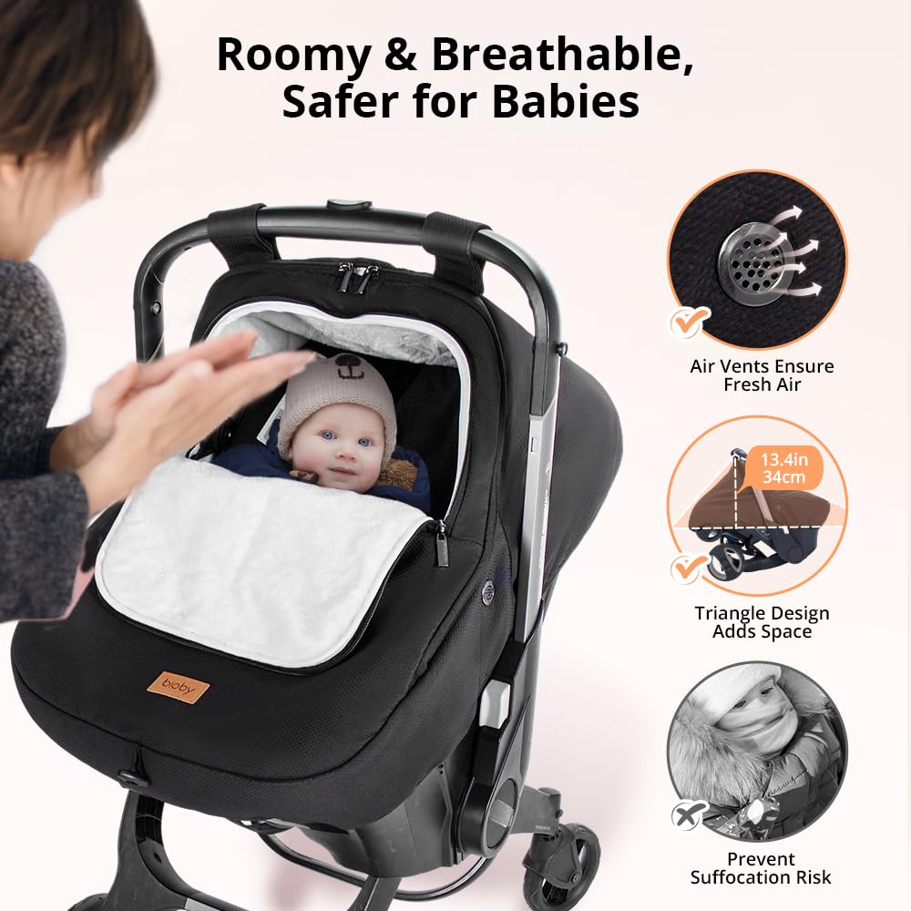 Bioby Winter Baby Car Seat Cover breathable vents illustrate safe airflow for baby comfort.