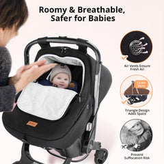 Bioby Winter Baby Car Seat Cover breathable vents illustrate safe airflow for baby comfort.