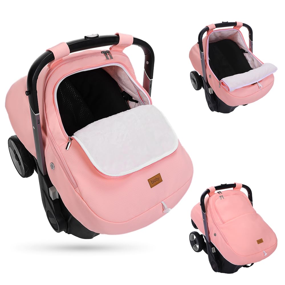 Bioby Winter Baby Car Seat Cover front view pink keeps baby snug during car rides