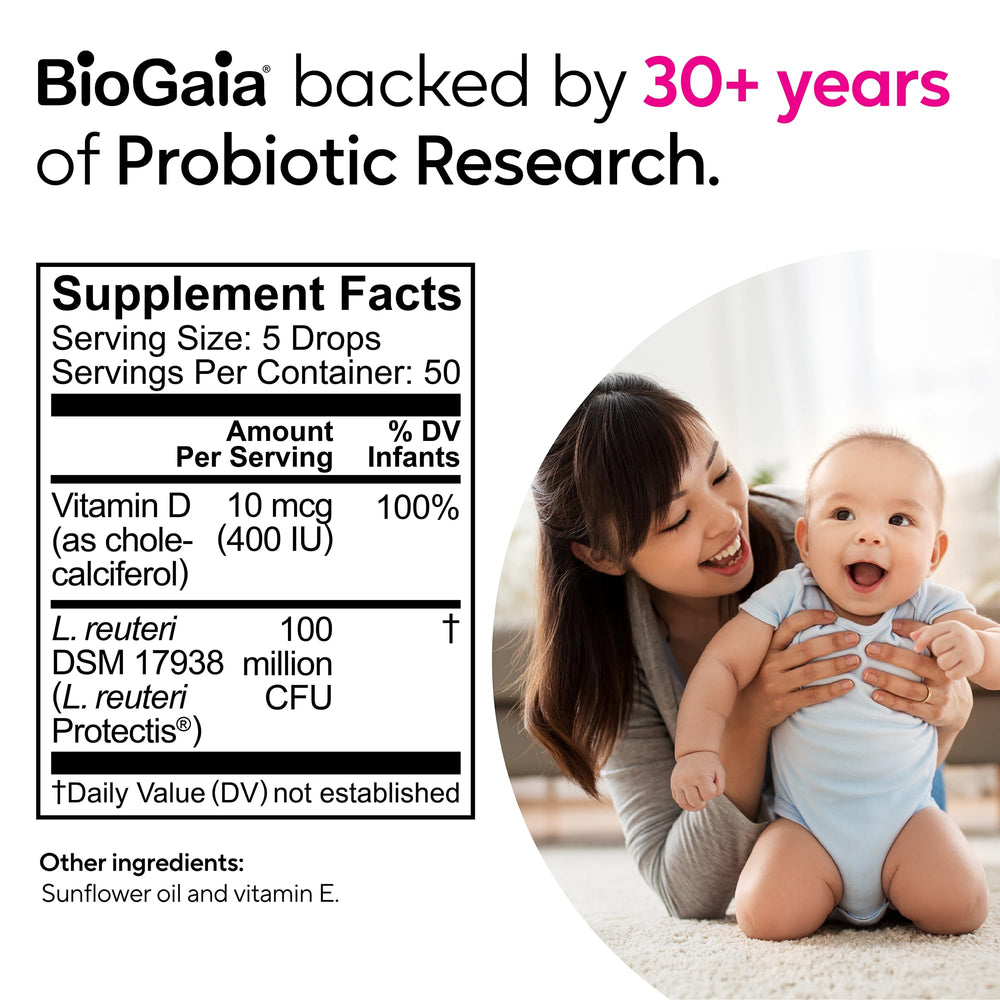 BioGaia Baby Probiotic Drops image conveys digestive comfort for babies.