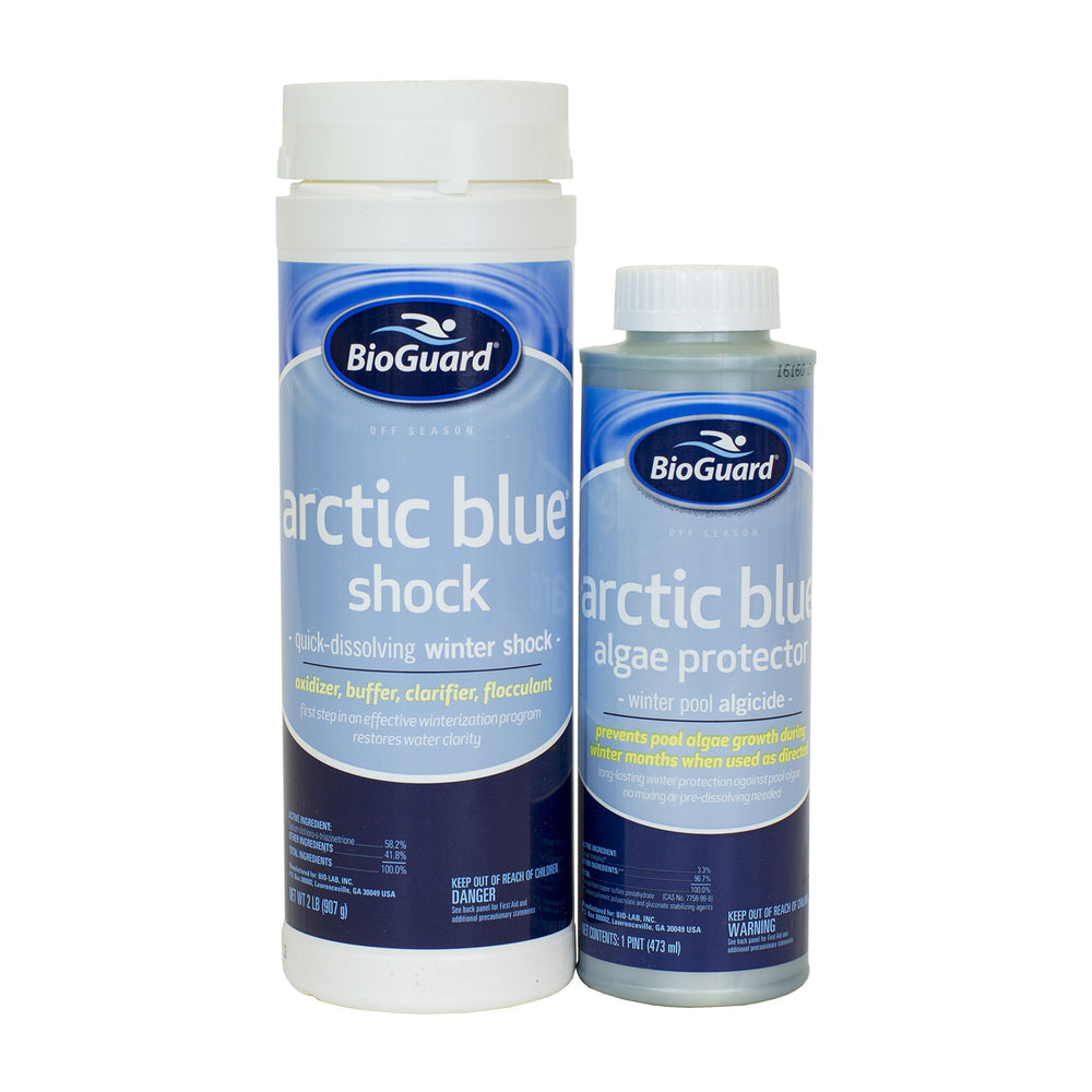 BioGuard Arctic Blue Winter Kit shows algae protection and winter shock for a 12k-gallon pool