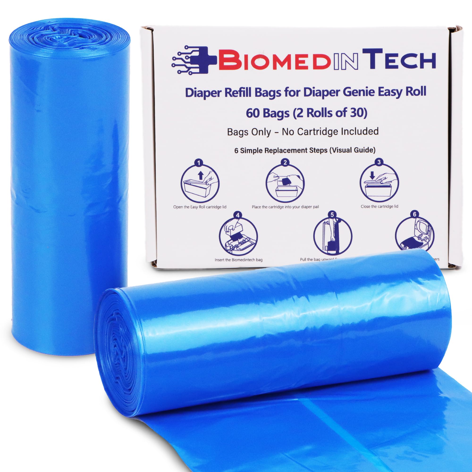 Biomedintech Diaper Genie Easy Roll bags side view for mess-free loading.