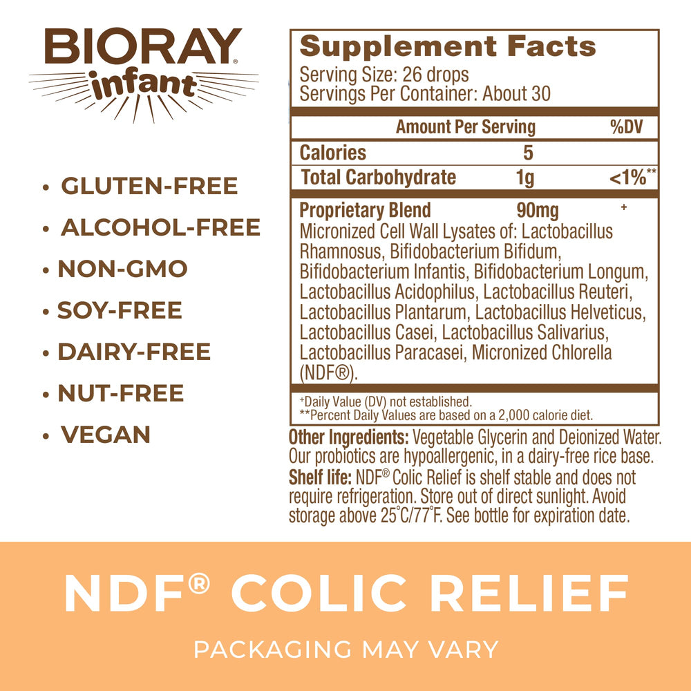 BIORAY Infant NDF Colic Relief label highlights 11-strain lysate for fussiness relief.