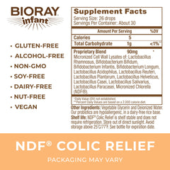 BIORAY Infant NDF Colic Relief label highlights 11-strain lysate for fussiness relief.