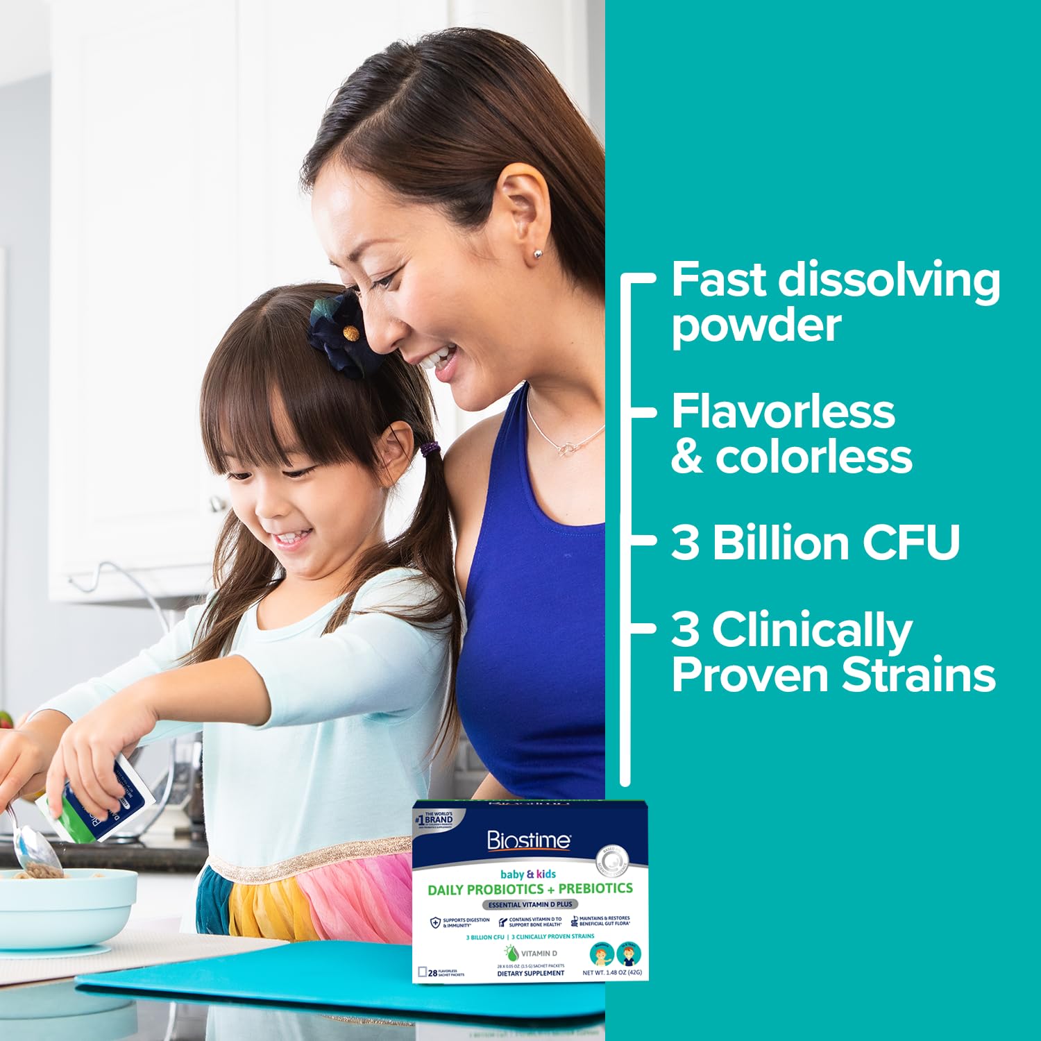 Biostime flavorless probiotic powder dissolving in water or milk.