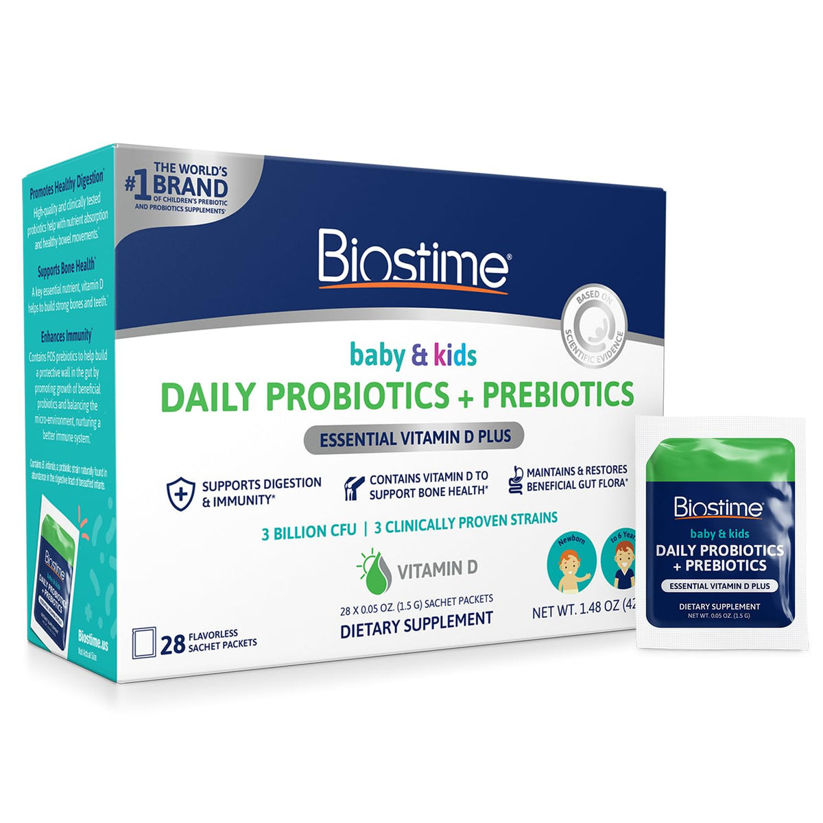 Biostime infant probiotic powder bottle for daily gut support in kids.