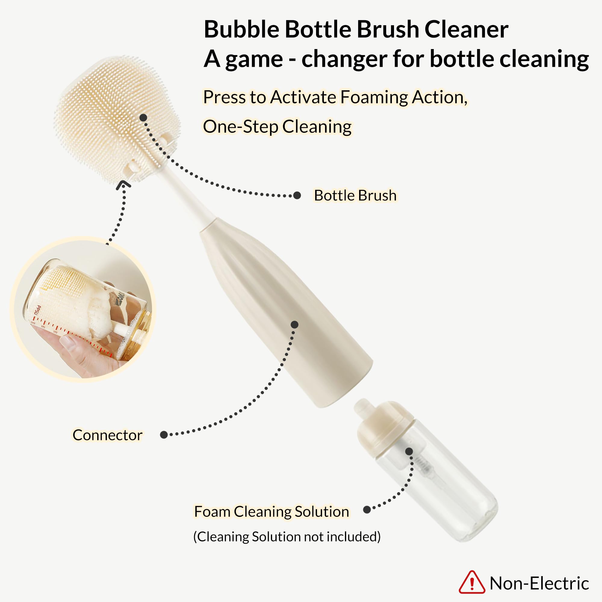 biqin bottle brush kit foam reservoir in action for efficient bottle cleaning