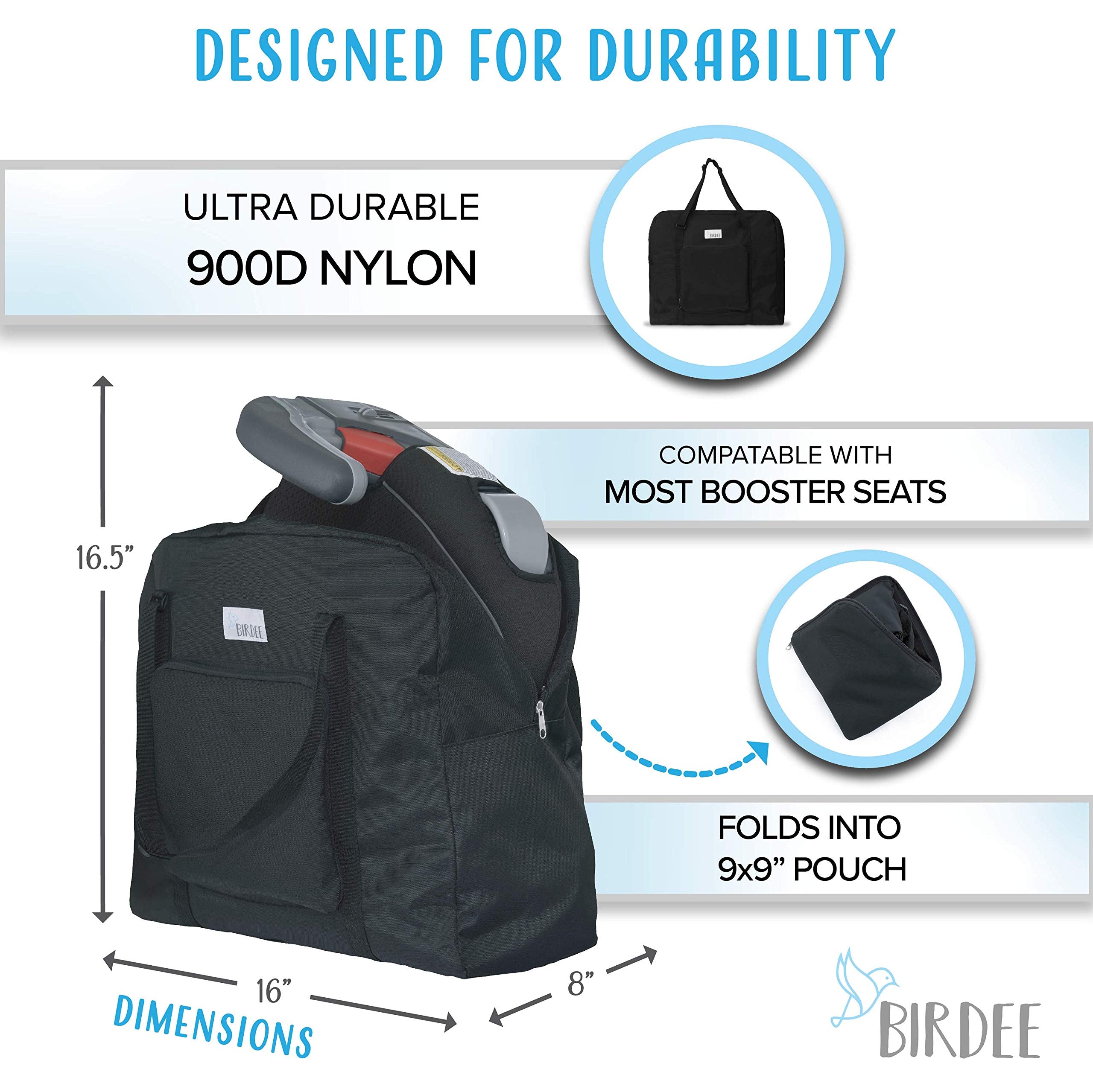 Birdee booster seat bag front pocket folds into a compact pouch for storage