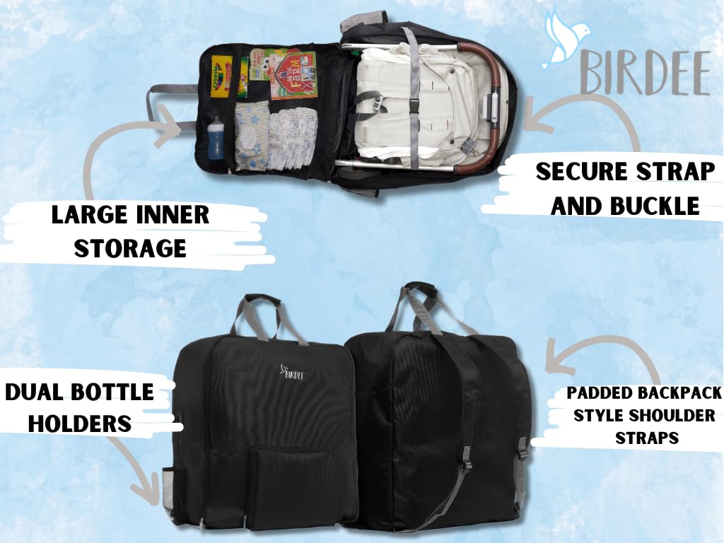 Birdee Stroller Bag with backpack straps enables hands-free airport travel.