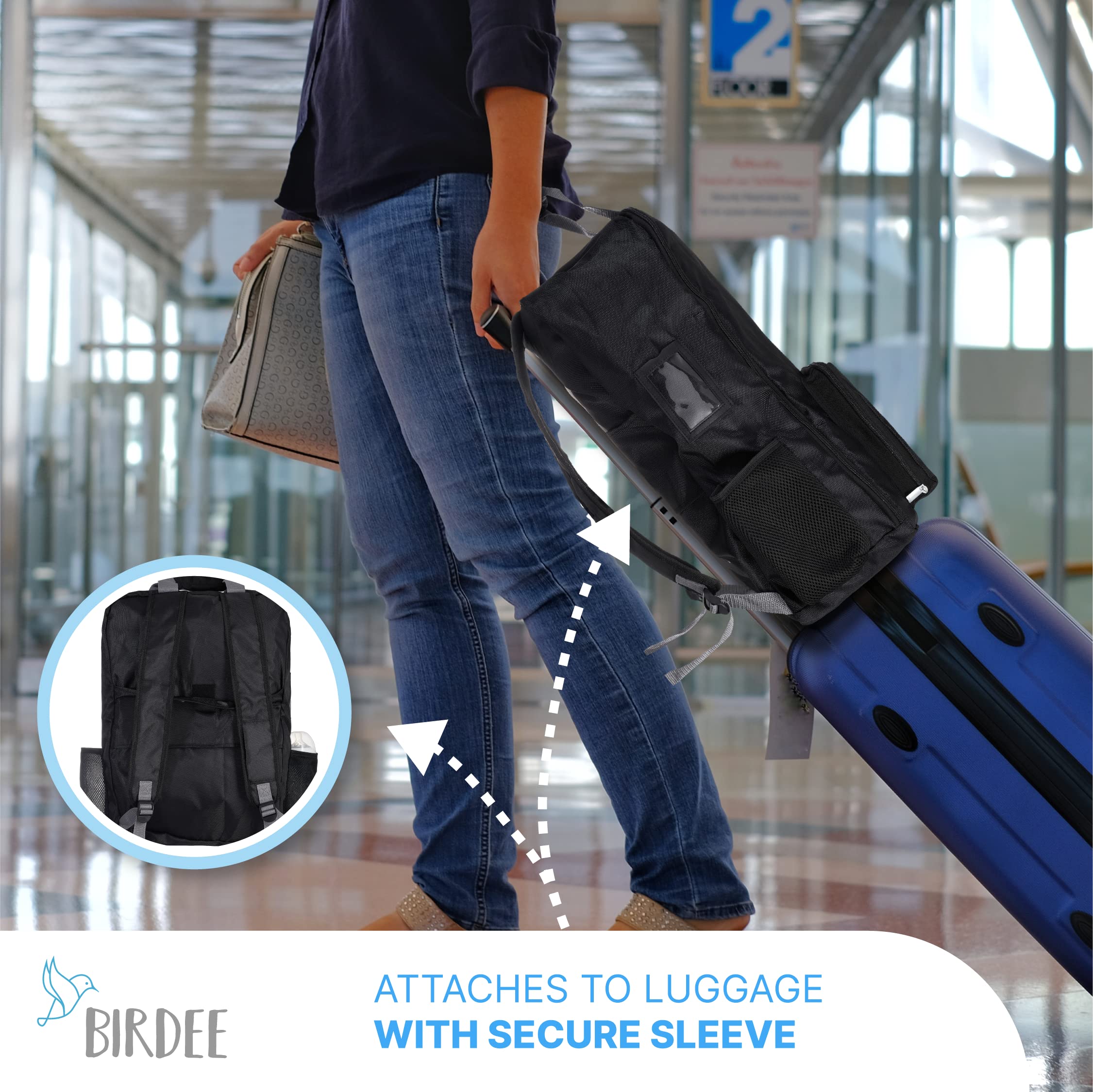 Birdee stroller bag backpack-style wear for hands-free travel.