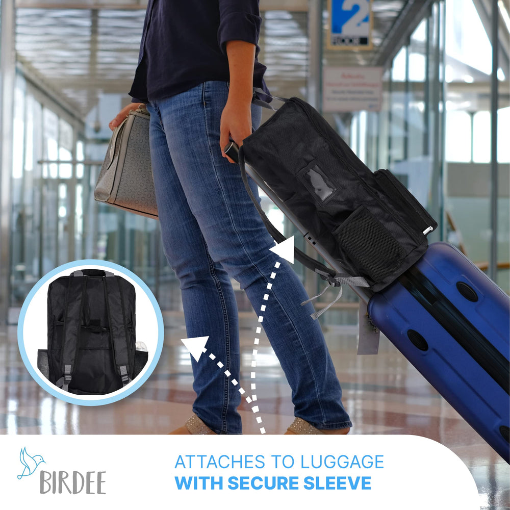 Birdee stroller bag backpack-style wear for hands-free travel.