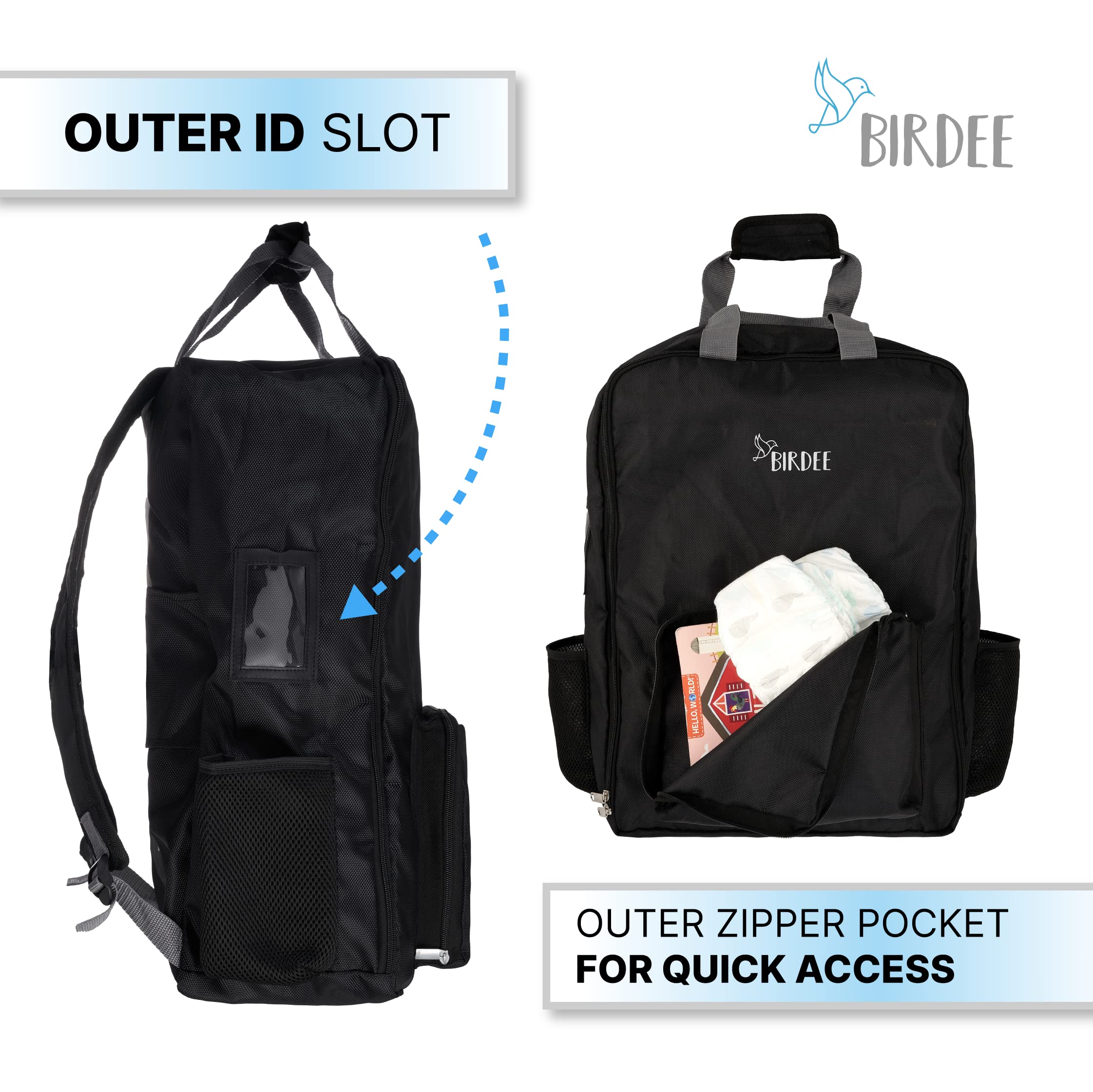 Birdee stroller bag with luggage sleeve for hands-free airport transfers.