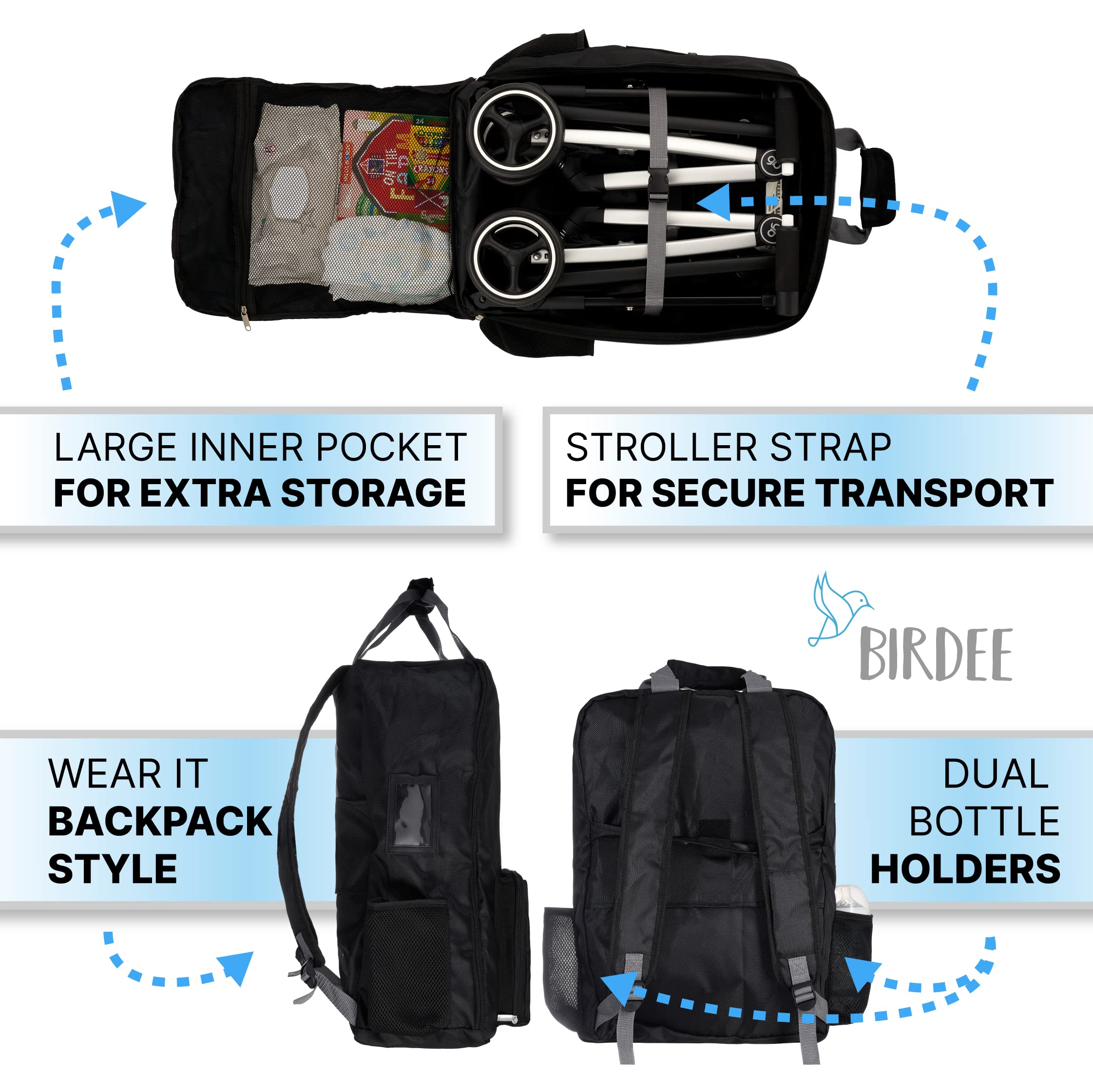 Birdee stroller bag water-resistant material protects gear in rain.