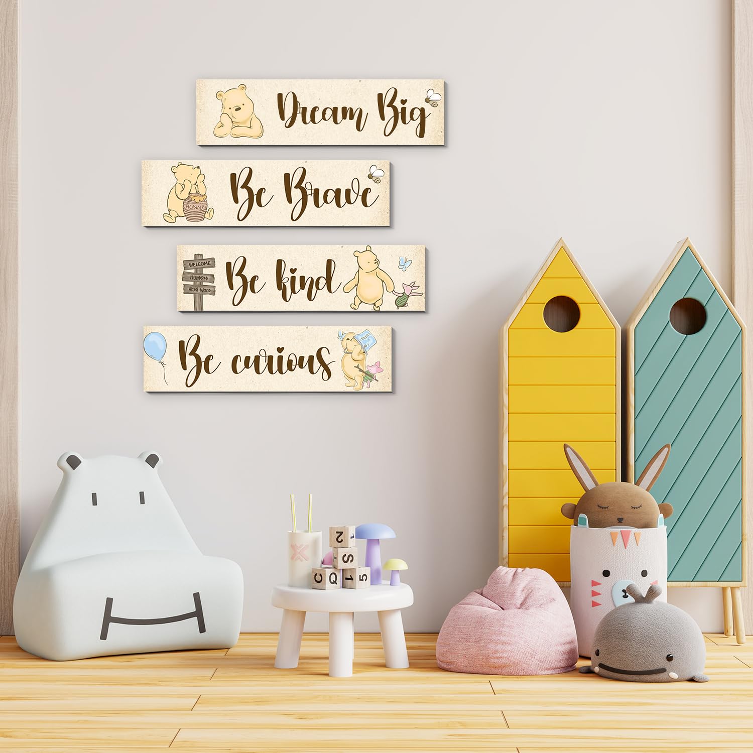 BirtDerr classic Pooh nursery signs create timeless bedside decor.