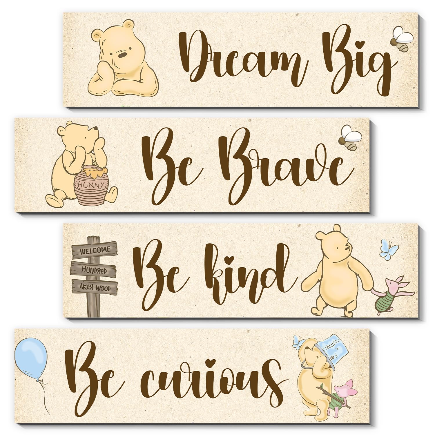 BirtDerr Winnie nursery decor set features four wooden signs for a playful baby room.
