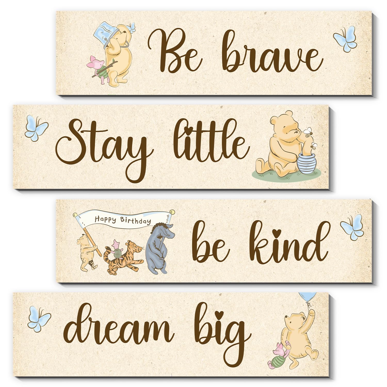 BirtDerr Winnie 4pc wall decor set brightens nursery with playful Pooh characters.