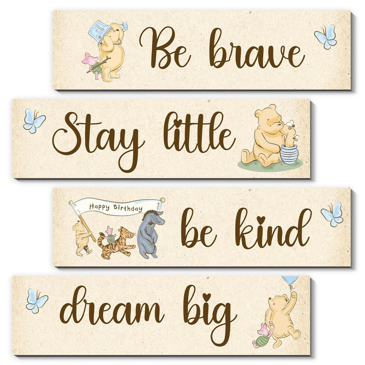 BirtDerr Winnie 4pc wall decor set brightens nursery with playful Pooh characters.