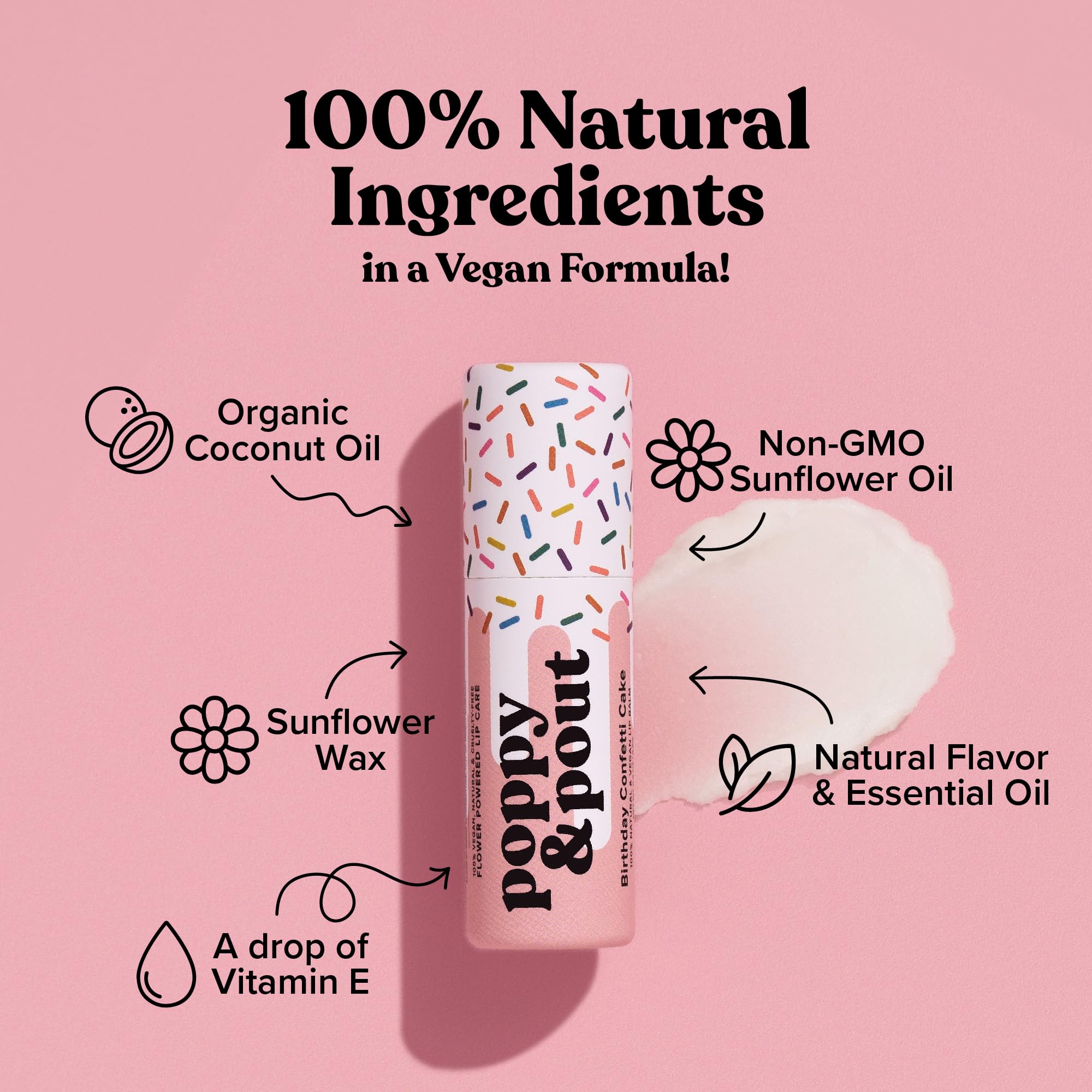 Vanilla cake scent close-up on Poppy & Pout lip balm for a pleasant treat.