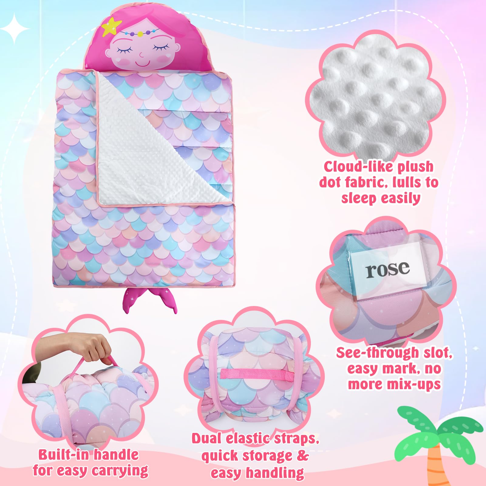 Biubee mermaid-pattern nap mat designed for kid-friendly play and comfort.