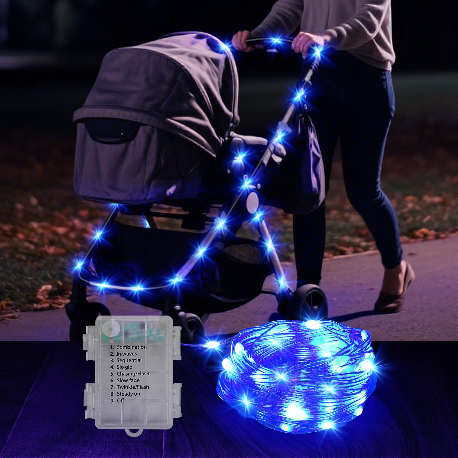 Biubee stroller lights 16-4ft blue light string enhances nighttime visibility for safe walks
