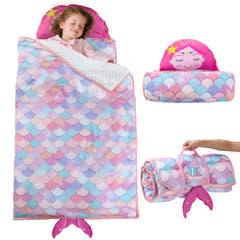 Biubee thick mermaid nap mat rolled with handle for easy daycare transport.