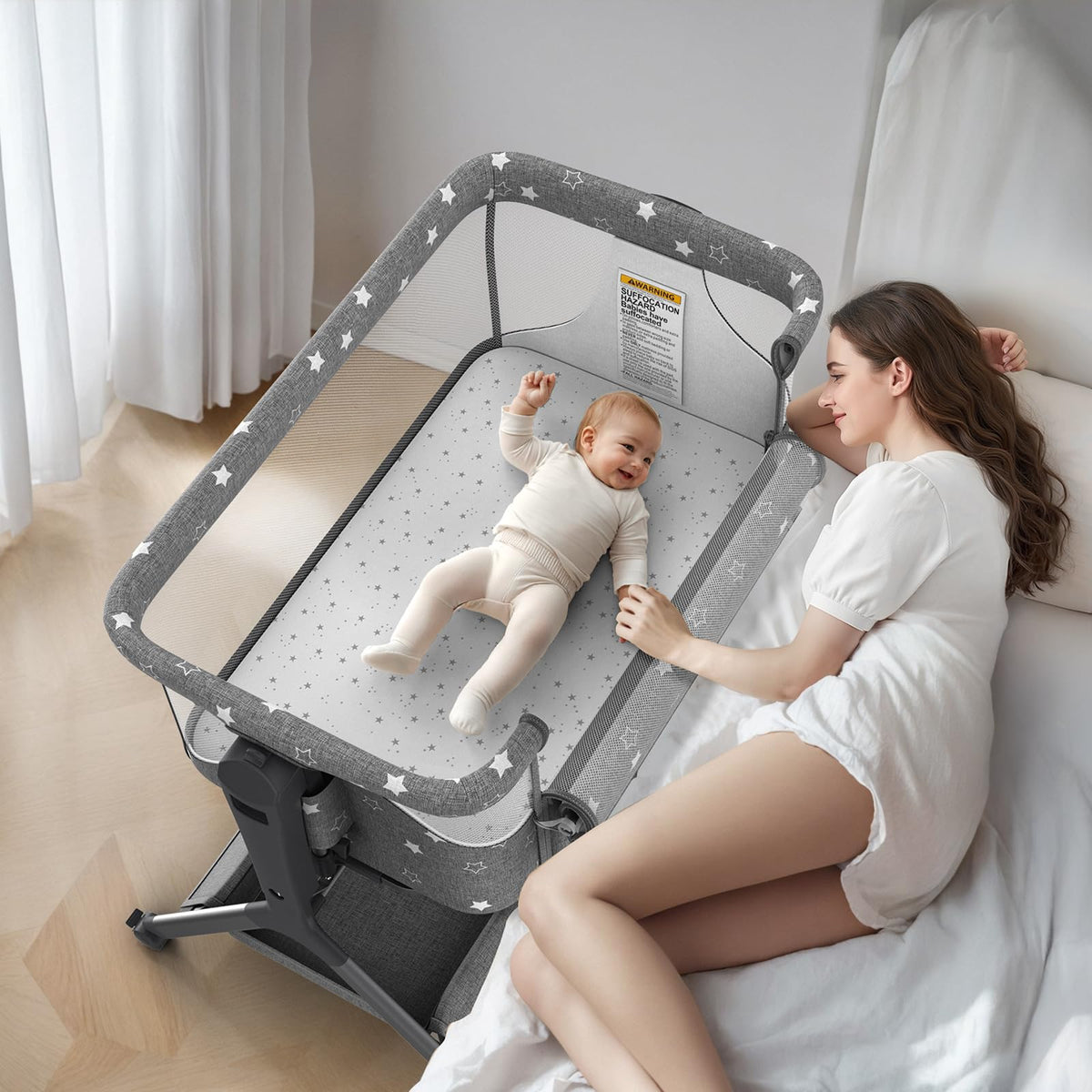 BIUSIKAN 3in1 baby bassinet bedside sleeper demonstrating secure bedside attachment for late-night feeds.