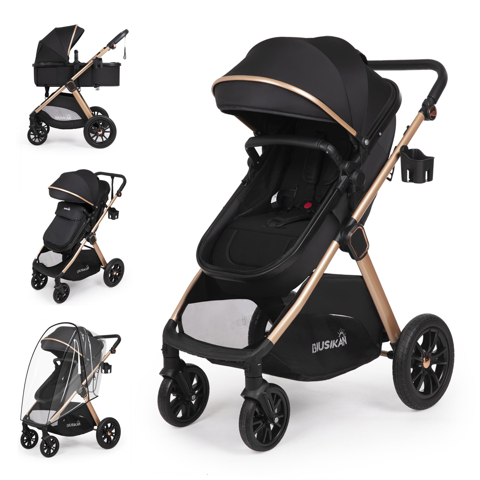BIUSIKAN 6-in-1 stroller bassinet conversion for newborn comfort and transition ease.