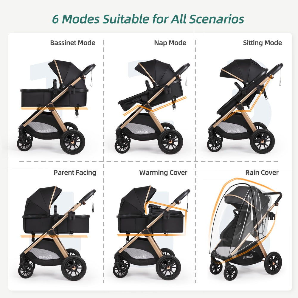 BIUSIKAN 6-in-1 stroller with reversible seat for bonding or outward exploration.
