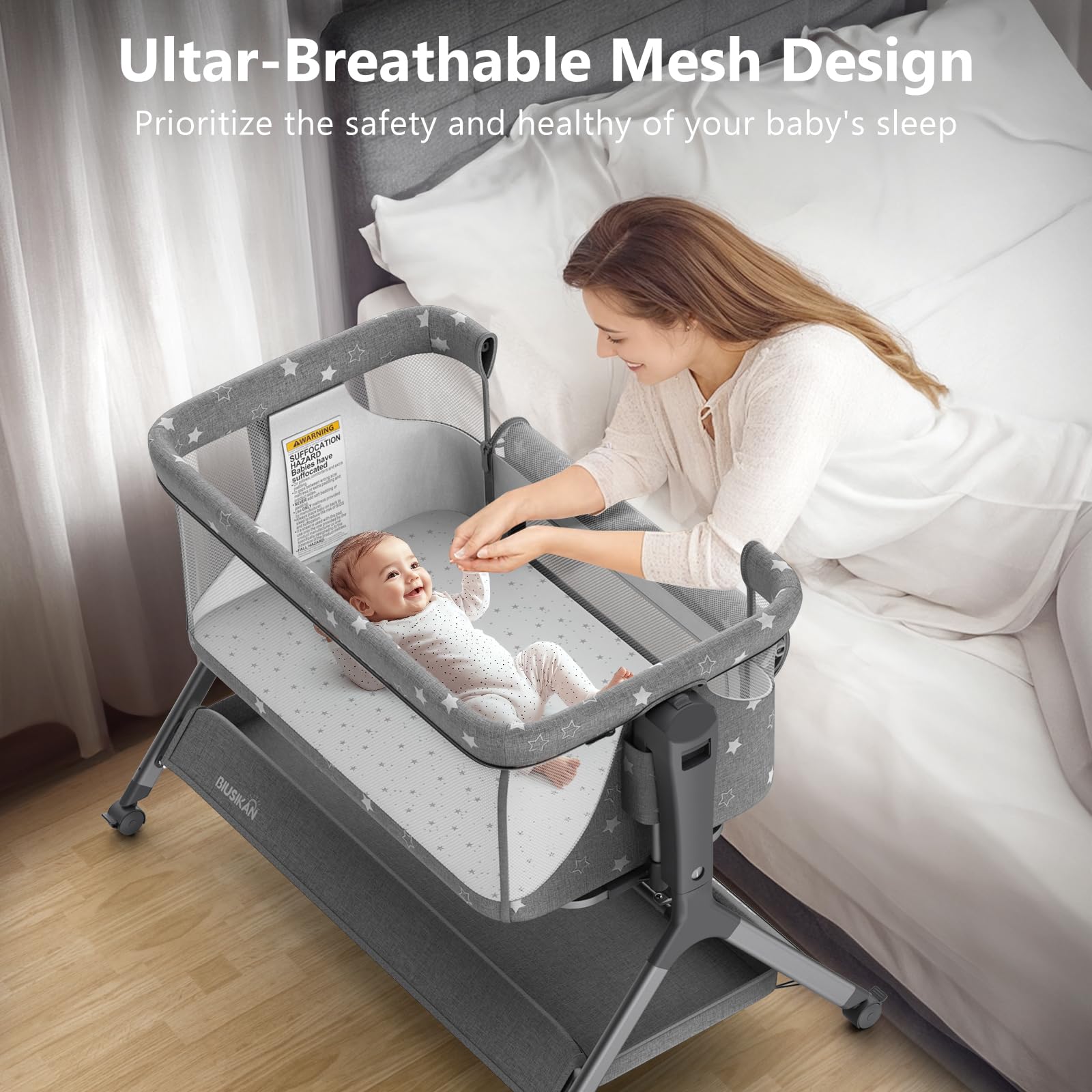 BIUSIKAN bassinet with 6-height adjustment for a perfect bed fit and convenient access.