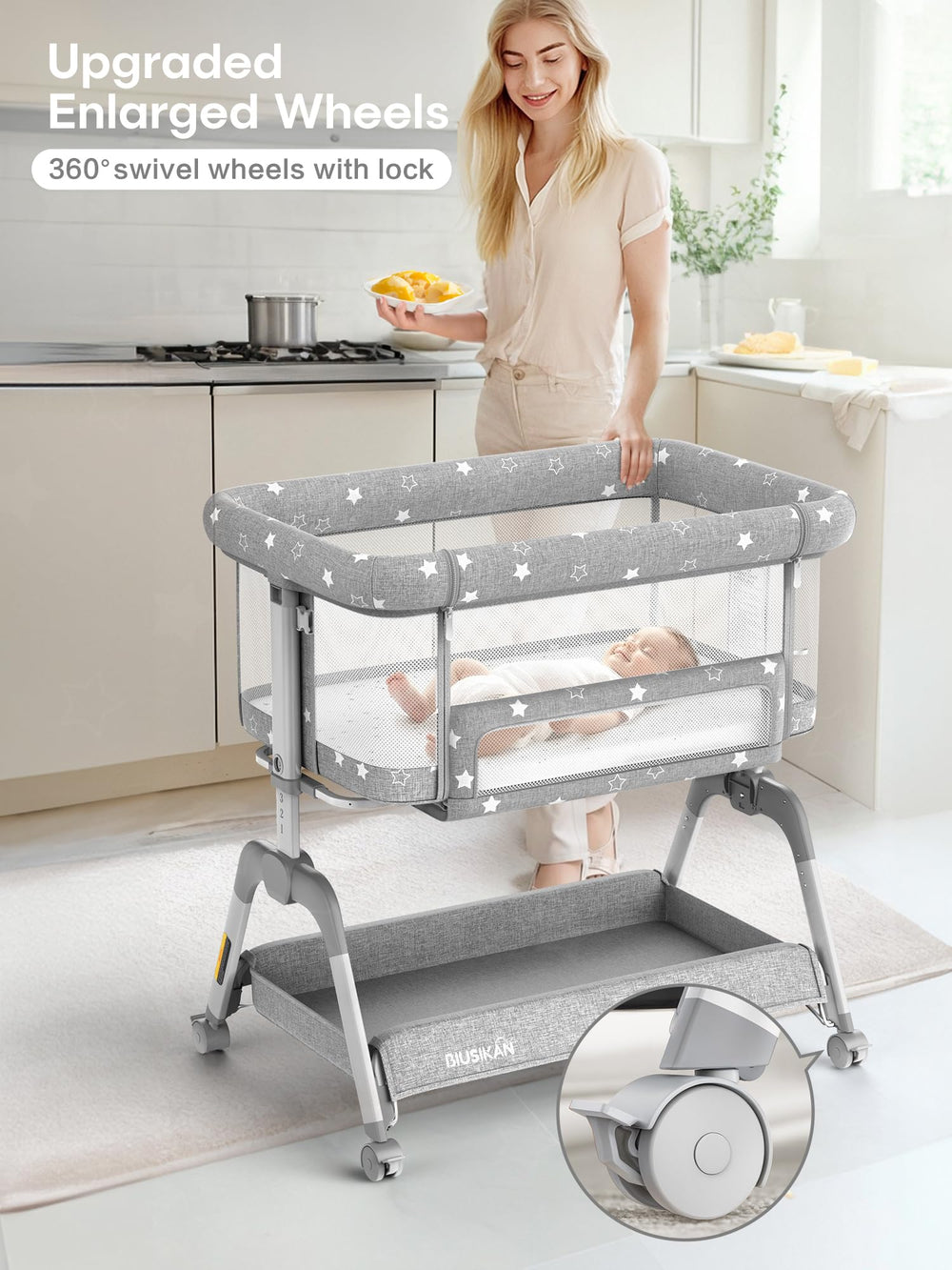 BIUSIKAN Bassinet bed-strap attachment shows secure bedside attachment for co-sleep safety.