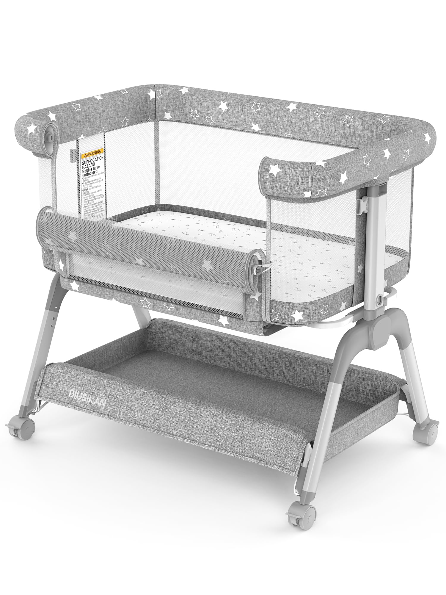 BIUSIKAN Bassinet bedside-sleeper setup shows easy co-sleeping integration with stability.
