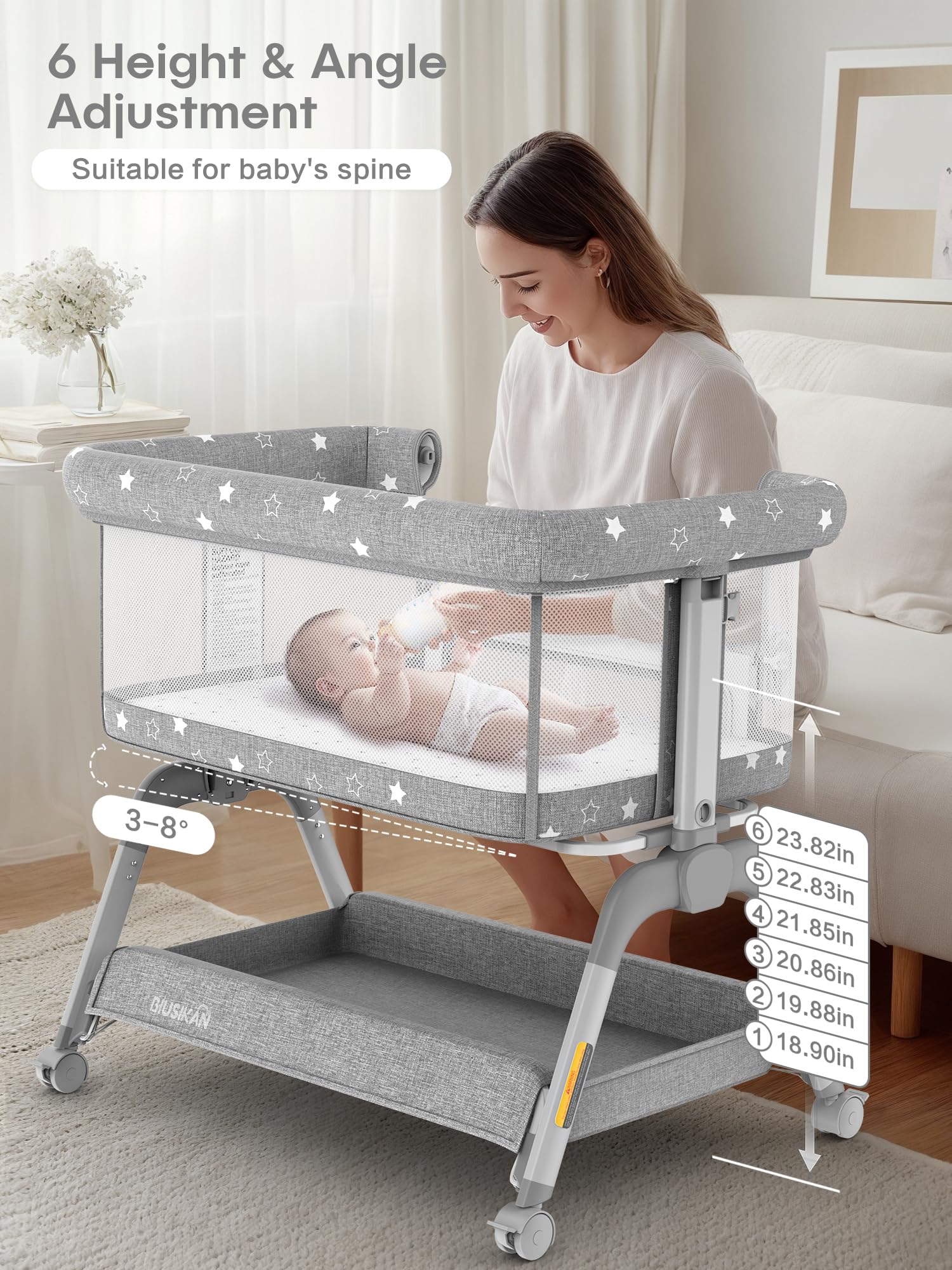 BIUSIKAN Bassinet four-braking wheels enable safe, smooth moves around the home.
