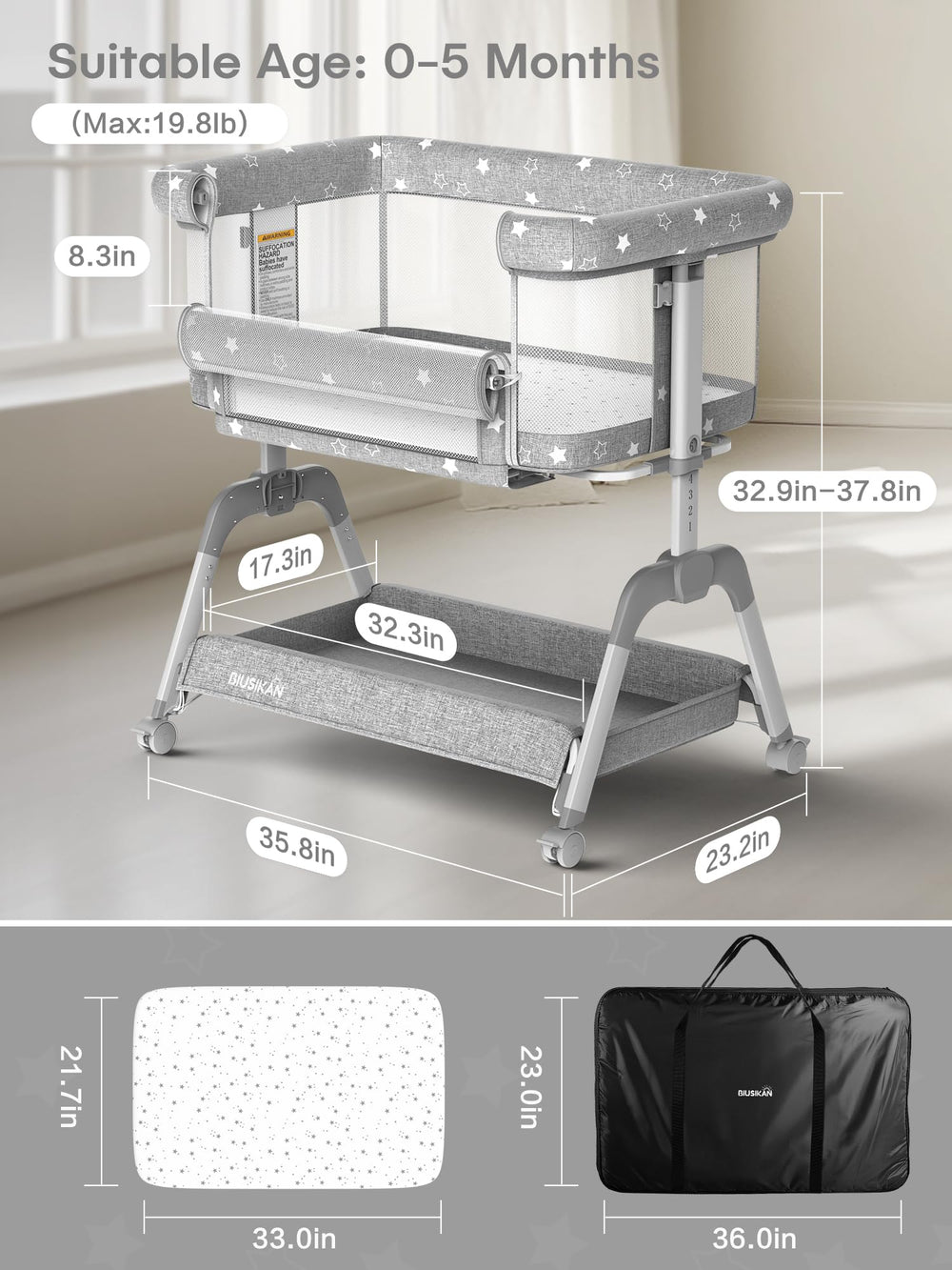 BIUSIKAN Bassinet mattress closeup reveals high-density cotton for gentle baby support.