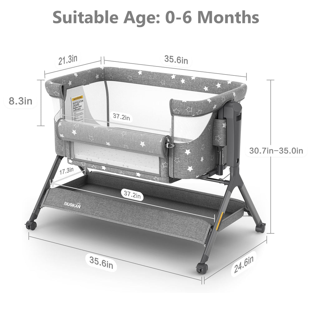 BIUSIKAN bassinet with storage bag and silent wheels for travel-ready portability.