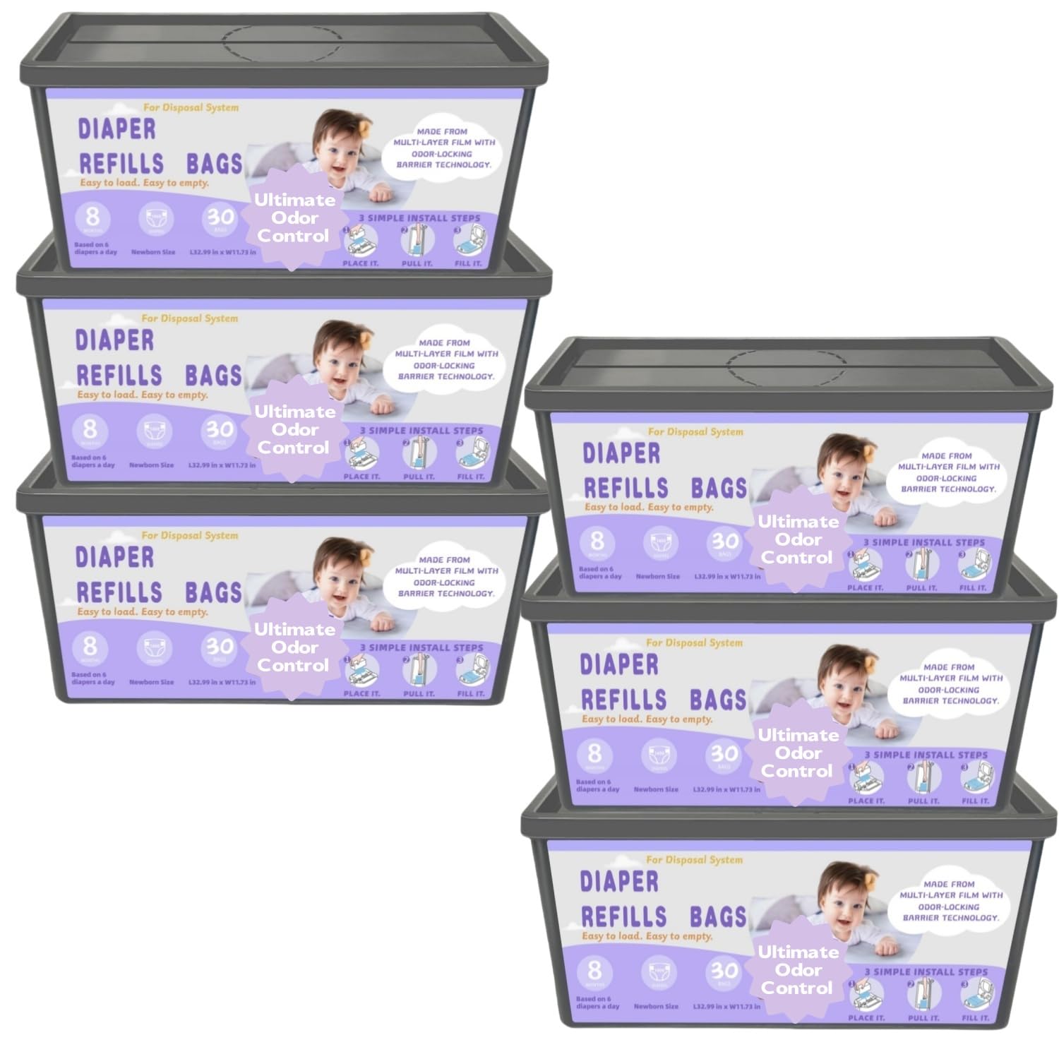 Biuskuku lavender diaper refill bags shown highlighting fresh nursery scent and odor control