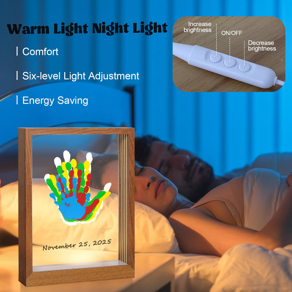 Bixinyo handprint kit light on frame demonstrates ambient night light for a nursery