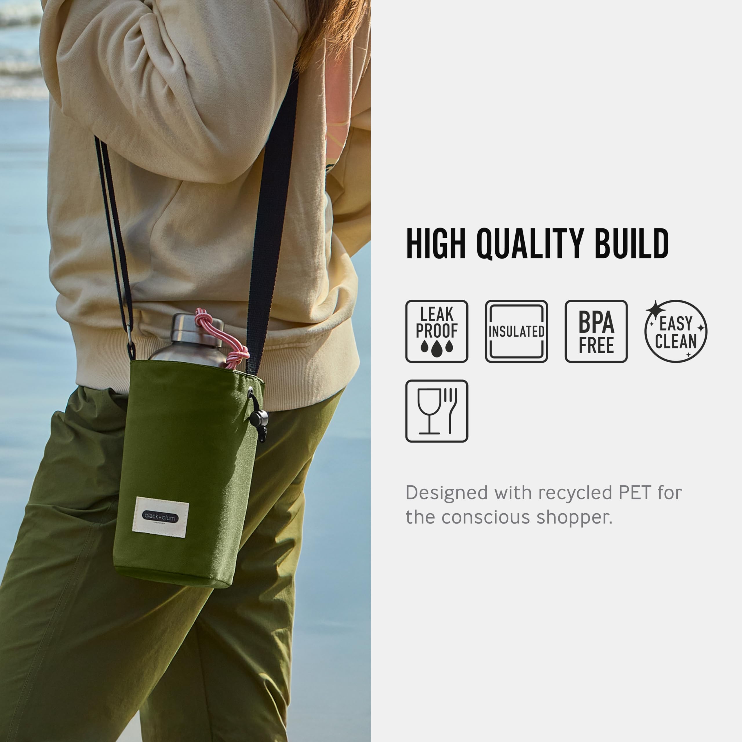 Black+Blum insulated bottle bag interior with BPA-free PEVA lining keeps beverages cool.