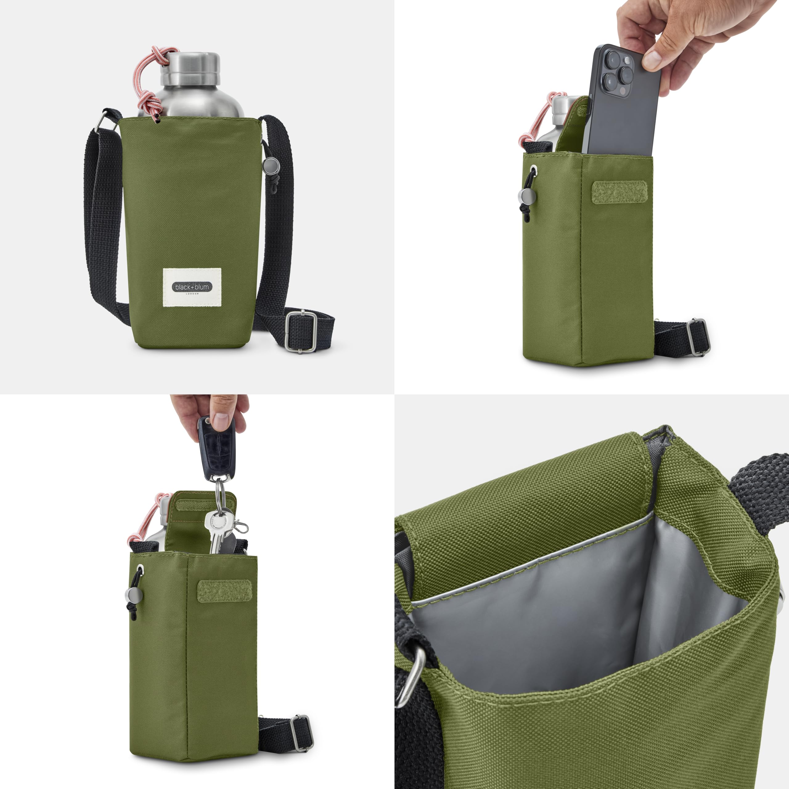 Black+Blum bottle bag on the go for easy hands-free hydration.