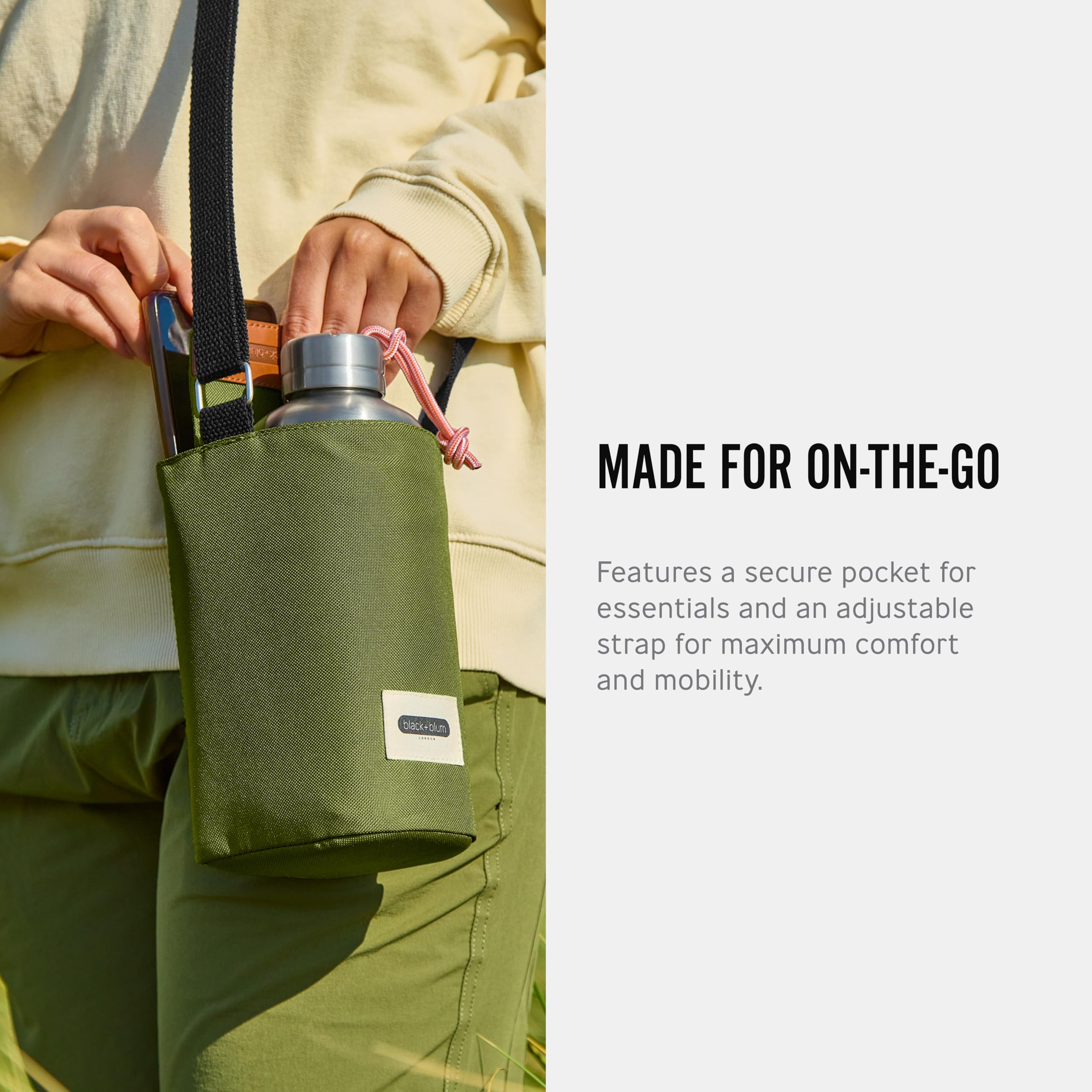 Secure pocket of the Black+Blum bag stores phone or keys during commutes.
