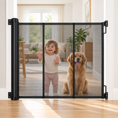 HEELALBABY 65" Extra Tall Retractable Pet & Baby Gate, Reinforced Mesh, Fits Openings Up to 55" Wide, Black