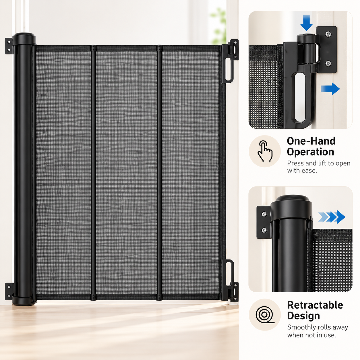 HEELALBABY 65" Extra Tall Retractable Pet & Baby Gate, Reinforced Mesh, Fits Openings Up to 55" Wide, Black