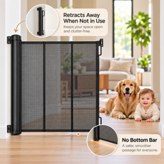 HEELALBABY 65" Extra Tall Retractable Pet & Baby Gate, Reinforced Mesh, Fits Openings Up to 55" Wide, Black